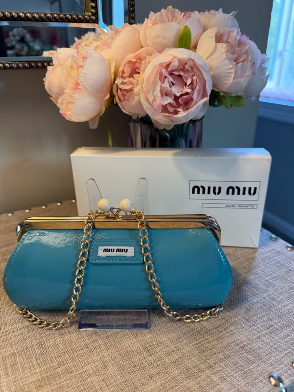 Miu Miu GWP Glossy Turquoise Patent Leather Chain Clutch wi Faux Pearl Kiss-Lock